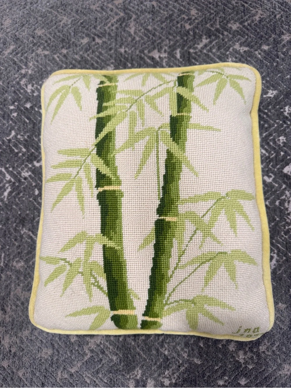 Vintage 1977 Bamboo Needlepoint Pillow Green Velvet Chinoiserie 12x15
